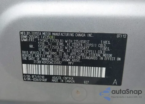 2012 Toyota Rav4 from USA, damaged, VIN 2T3BF4DV2CW235682